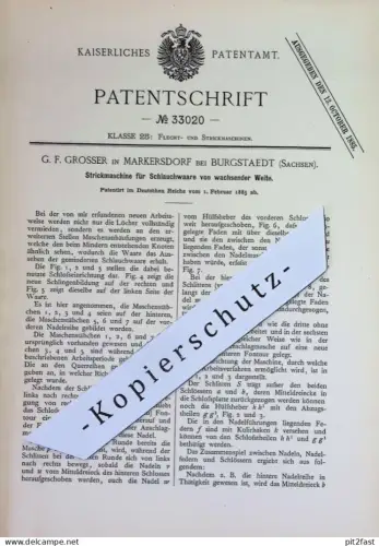 original Patent - G. F. Grosser , Markersdorf / Burgstaedt , Sachsen | 1885 | Strickmaschine für Schlauchware | Stricken