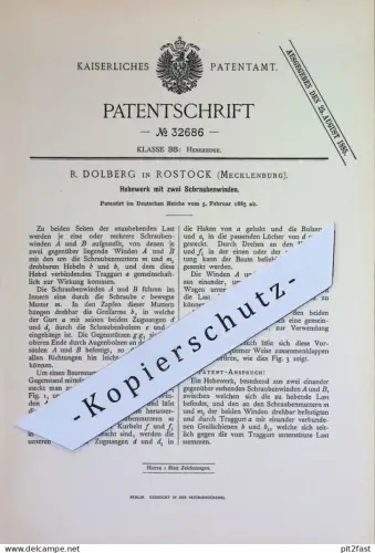 original Patent - R. Dolberg , Rostock , Mecklenburg | 1885 | Hebewerk mit 2 Schraubenwinden | Hebezeug , Winde Lastzug