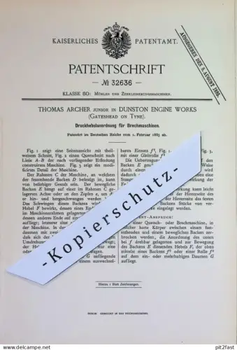 original Patent - Thomas Archer , Dunston Engine Works , Gateshead on Tyne | 1885 | Druckhebel an Brechmaschine | Mühlen