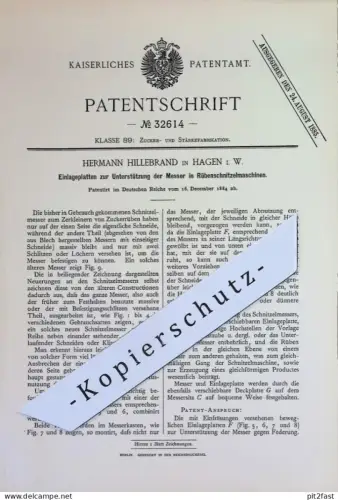 original Patent - Hermann Hillebrand , Hagen / Westfalen | 1884 | Messer in Rübenschnitzelmaschinen | Zucker , Rüben !!