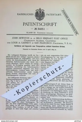 original Patent - John Hewston , Alameda , California | Louis A. Garnett , San Franciso , USA | 1885 | Telegraphie !!