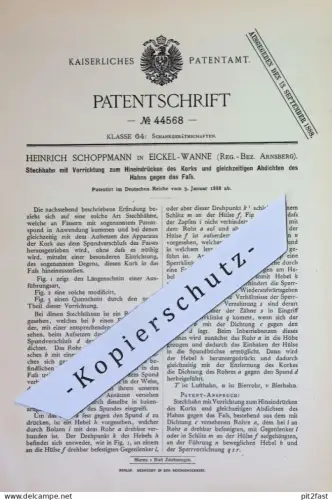 original Patent - Heinrich Schoppmann , Wanne - Eickel / Arnsberg | 1888 | Fass - Stechhahn | Zapfhahn , Ausschank !!