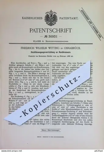 original Patent - Friedrich Wilhelm Witting , Osnabrück | 1886 | Docht an Rundbrenner | Brenner , Laterne , Lampen !!