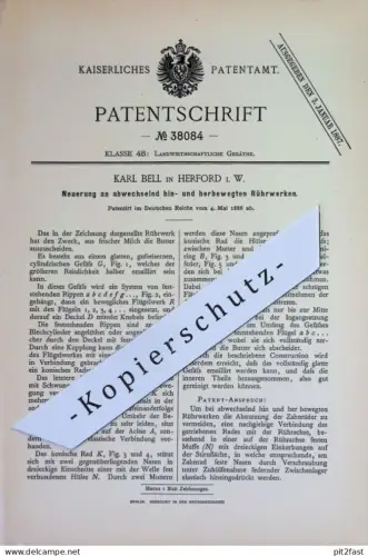 original Patent - Karl Bell , Herford i. W. | 1886 | abwechselnd bewegte Rührwerke | Butter , Milch | Schleuder !!
