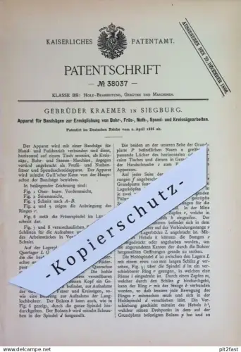 original Patent - Gebrüder Kraemer , Siegburg | 1886 | Bandsäge , Kreissäge , Säge | Bohren , Fräsen , Sägen | Holz !!