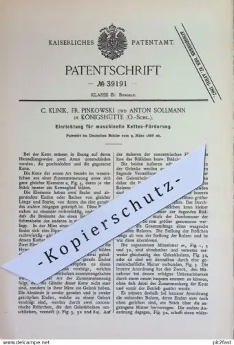 original Patent - C. Klinik , Fr. Pinkowski , Anton Sollmann , Königshütte Schlesien 1886 | maschinelle Ketten Förderung