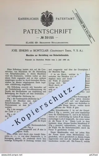original Patent - Joel Jenkins , Montclair , Grafschaft Essex , USA | 1886 | Herst. von Sicherheitsnadeln | Nadel Nadeln