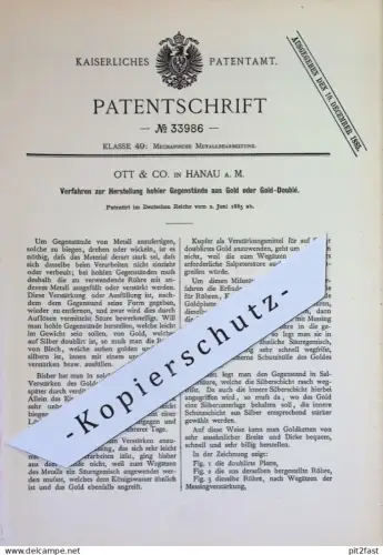 original Patent - Ott & Co. , Hanau / Main | 1885 | hohle Gegenstände aus Gold , Gold-Doublé | Metall , Schmuck , Silber