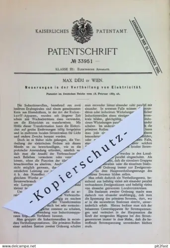 original Patent - Max Déri , Wien , Österreich | 1885 | Verteilung von Elektrizität | Strom Transformation | Elektriker