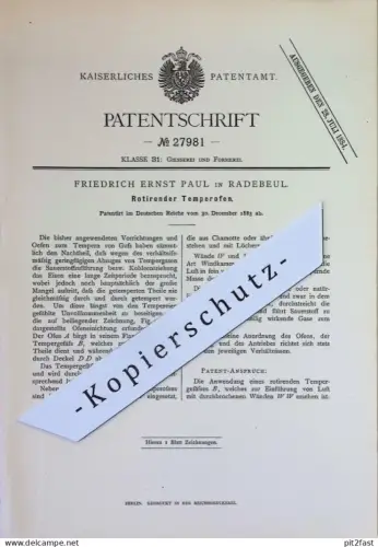 original Patent - Friedrich Ernst Paul , Radebeul | 1883 | Rotierender Temperofen | Ofen , Öfen , Gusseisen , Guss !!