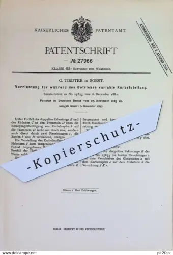 original Patent - G. Tiedtke , Soest | 1883 | Kurbelstellung | Kupplung , Pleuelstangen , Zahnstangen | Wagenbau , Wagen