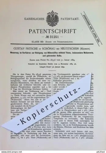 original Patent - Gustav Fritsche , Schönau / Neutitschein / Mähren | 1884 | Reinigung von Rübensaft durch Ton , Kalk !