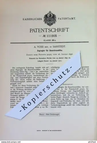 original Patent - A. Voss , Sarstedt | 1899 | Zugregler für Dauerbrandofen | Ofen , Öfen , Ofenbauer , Heizung