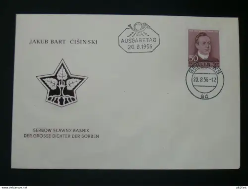 Jakub Bart - Cisinski 1956 - Dichter der Sorben  - Ersttagsbrief , FDC !!