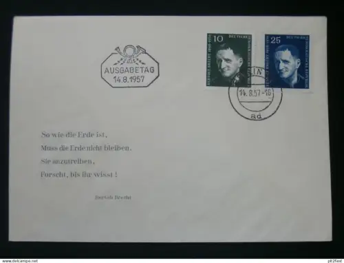 1. Todestag von Berthold Brecht Tagesstempel 14.8.1957 Berlin - Ersttagsbrief , FDC !!