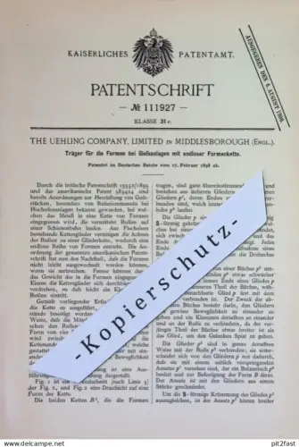 original Patent - The Uehling Company Limited , Middlesborough , England | 1898 | Formen bei Gießanlagen | Guss Gießerei