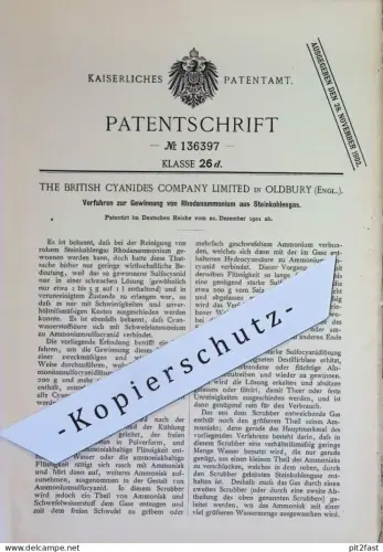 original Patent - The British Cyanides Comp. Ltd Oldbury England | 1901 | Gewinnung v. Rhodanammonium aus Steinkohlengas