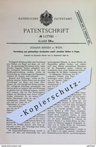original Patent - Johann Binder , Wien , Österreich | 1898 | Einstauchen zweier paralleler Nuthen in Pappe | Werkzeug !