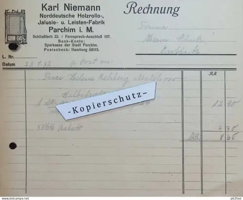 Norddeutsche Holzrollo-Fabrik - Karl Niemann in Parchim i. Mecklenburg , 1932 , alte Rechnung !!
