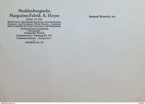Margarine-Fabrik A. Hoyer in Rostock i. Mecklenburg , ca. 1935 , blanko Dokument , Reklame !!