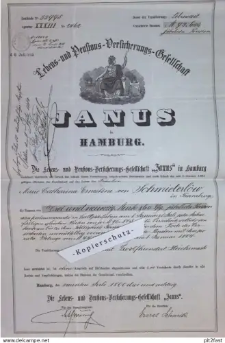 riesige Police , von Schmiterlöw in Franzburg i. Mecklenburg , 1884 , Versicherung Janus Stettin , Hamburg !!ca. 495x310