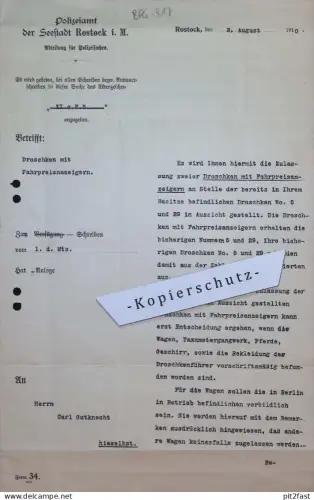Taxameter für Droschken , Fahrpreisanzeiger , Carl Gutknecht , Polizeiamt Rostock , 1910 , altes Dokument  !!