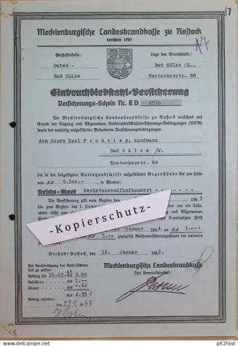 Kaufmann Karl Fruhriep in Bad Sülze i. Mecklenburg , 1943 , Brandkasse Rostock , altes Dokument  !!