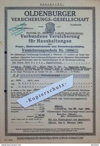 Versicherung Oldenburg , 1942 , Otto Rohde in Wismar und Bernitt b. Bützow , Mecklenburg , altes Dokument  !!