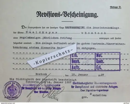 Benzin-Tankanlage , Ewald Meyer in Rostock , 1927 , Revisions-Rechnung , Dampfkessel , altes Dokument  !!