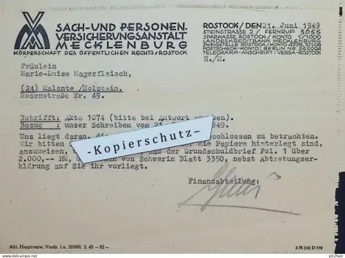 Versicherung Rostock , 1949 , L. Magerfleisch in Malente i. Holstein , altes Dokument  !!