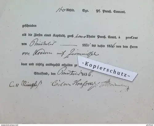 Hypothek , von Krassow auf Rügen , Adel , Stralsund , 1836 , Mecklenburg !!