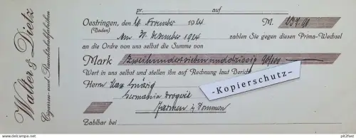 Walter & Dietz in Oestringen i. Baden , 1924 , Prima Wechsel , Drogerie Max Gnärig in Jarmen , Mecklenburg !!