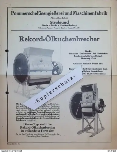 Maschinenfabrik - Stralsund / Stettin , ca. 1915 , Rekord - Ölkuchenbrecher , Prospekt , Katalog , Reklame , Mecklenburg
