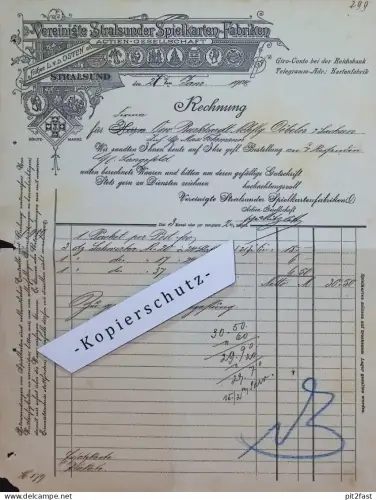 Spielkarten - Fabrik Stralsund / Mecklenburg und Altenburg 1904 , uralte Rechnung, Kartenspiel , Skat , Karten , Werbung