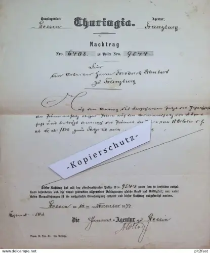 Friedrich Schubert zu Franzburg , 1877 , Stettin i. Pommern , altes Dokument , Versicherung !!