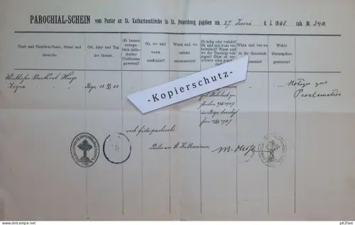 Parochial-Schein , Kirche in St. Petersburg , 1908 , Hugo Zigra in Riga , Russland !!