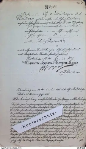 Gut Steinhagen / Buckow , 1844 , Landes-Receptur-Casse Rostock , Friedrich Franz , Mecklenburg !!