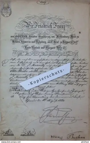 Urkunden / Akte , Friedrich Franz an Otto Stübe zu Marnitz , 1884 , b. Ludwigslust / Parchim , Mecklenburg !
