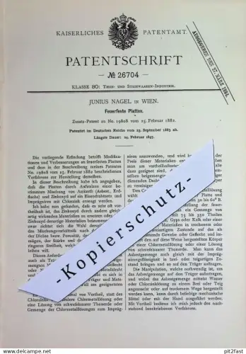 original Patent - Junius Nagel , Wien , Österreich | 1883 | Feuerfeste Platten | Ton , Stein , Gestein , Fliesen , Beton