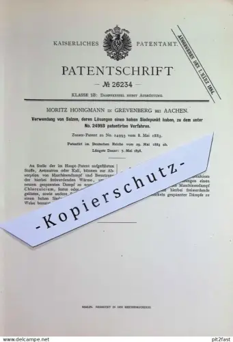 original Patent - Moritz Honigmann , Grevenberg / Aachen | Salz - Lösungen mit hohem Siedepunkt  | Dampfkessel , Salze !
