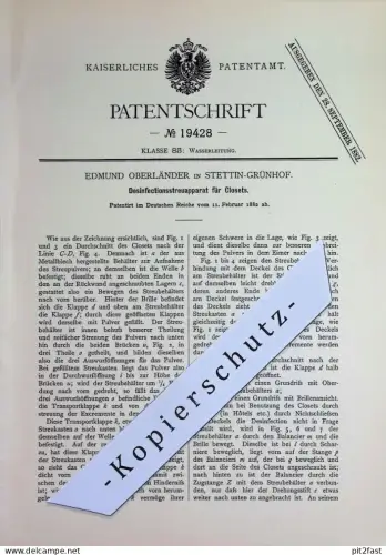 original Patent - Edmund Oberländer , Stettin / Grünhof | 1882 | Desinfektion für Klosets | Kloset , WC , Toilette !!