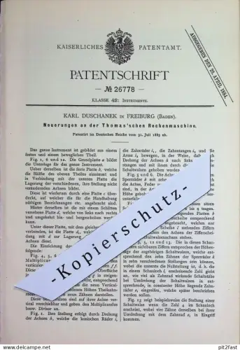 original Patent - Karl Duschanek , Freiburg , Baden | 1883 | Thomas'sche Rechenmaschine | Rechnen , Mathematik , Kasse !