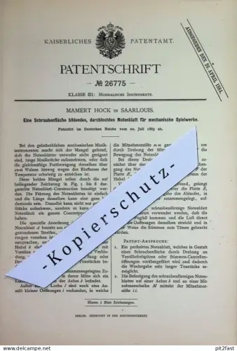 original Patent - Mamert Hock , Saarlouis | 1883 | durchlochtes Notenblatt f. mechanische Musikinstrumente | Musik Noten