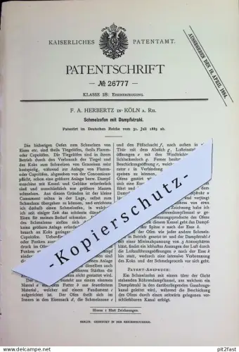 original Patent - F. A. Herbertz , Köln / Rhein | 1883 | Schmelzofen mit Dampfstrahl | Ofen , Öfen | Tiegelofen , Eisen