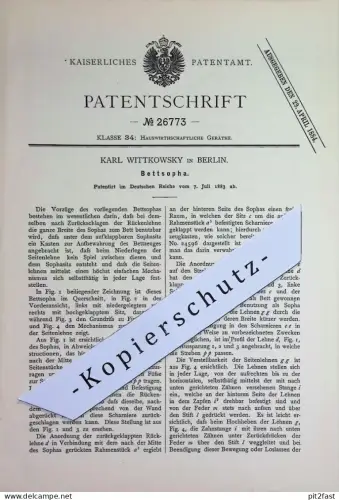 original Patent - Karl Wittkowsky , Berlin | 1883 | Bettsopha | Bett - Sopha | Sofa , Couch , Betten , Möbel Möbelbauer