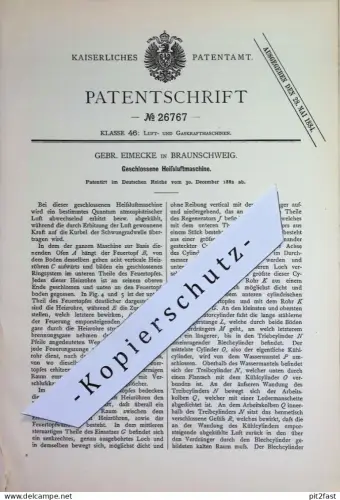 original Patent - Gebr. Eimecke , Braunschweig | 1882 | Geschlossene Heißluftmaschine | Motor , Motoren , Gasmotor !!!