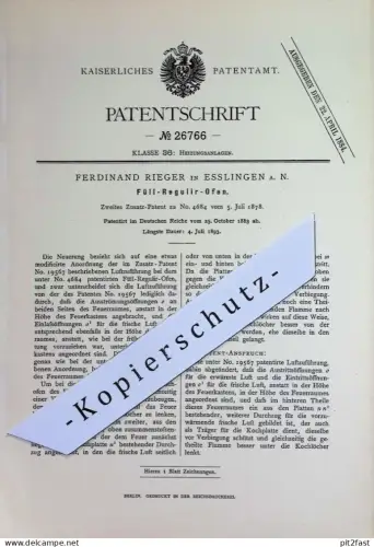 original Patent - Ferdinand Rieger , Esslingen a. N. | 1883 | Füll-Regulier-Ofen | Füllofen , Ofen , Öfen , Heizung !!