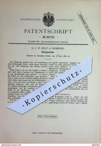 original Patent - G. C. W. Bolt , Hamburg | 1883 | Wringmaschine | Schleuder , Wäsche schleudern | Hauswirtschaft