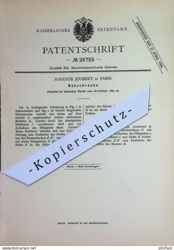 original Patent - Auguste Joubert , Paris , Frankreich | 1883 | Nähschraube | Nähen , Nadeln , Nähmaschine , Schneiderei