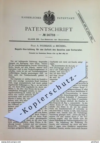 original Patent - Frau A. Pourbaix , Brüssel , Belgien | 1883 | Regulierung für Zufluss von Gasolin zum Carburator | Gas